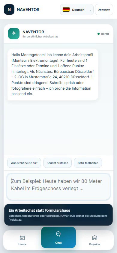 Mobiler NAVENTOR-Arbeitschat mit Einsatz- und Terminbezug